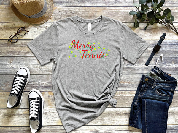 Merry Tennis T-Shirt with Holiday Lights (9 Color Options)