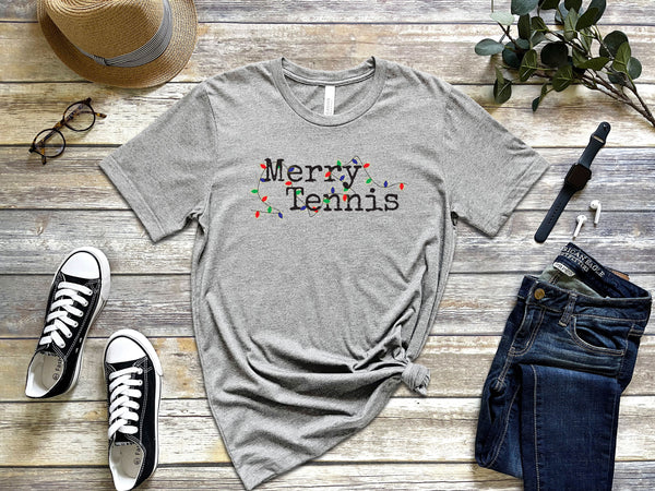 Merry Tennis T-Shirt with Holiday Lights (9 Color Options)