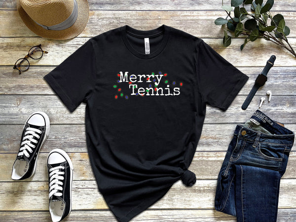Merry Tennis T-Shirt with Holiday Lights (9 Color Options)