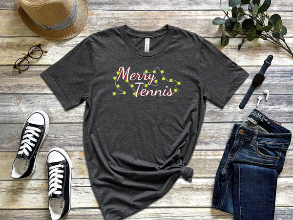 Merry Tennis T-Shirt with Holiday Lights (9 Color Options)