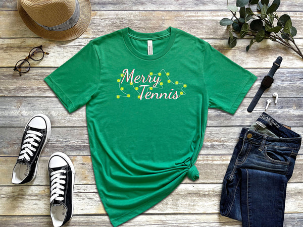 Merry Tennis T-Shirt with Holiday Lights (9 Color Options)