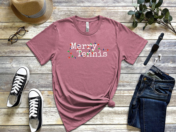 Merry Tennis T-Shirt with Holiday Lights (9 Color Options)