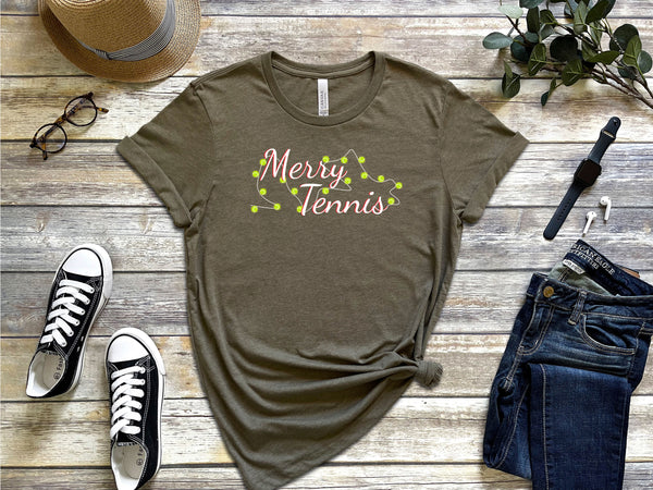 Merry Tennis T-Shirt with Holiday Lights (9 Color Options)