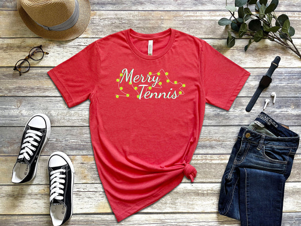 Merry Tennis T-Shirt with Holiday Lights (9 Color Options)
