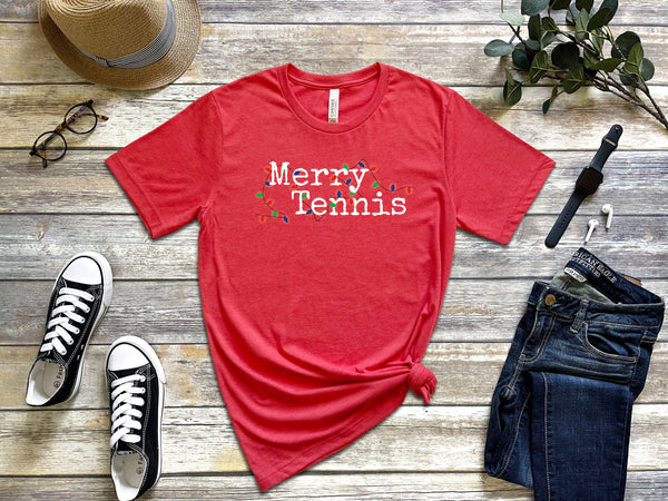 Merry Tennis T-Shirt with Holiday Lights (9 Color Options)