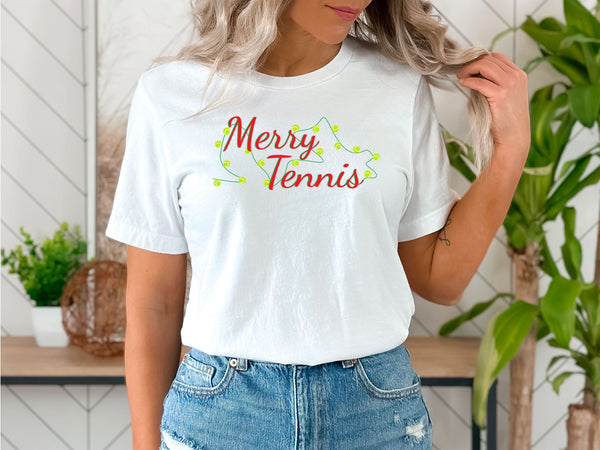Merry Tennis T-Shirt with Holiday Lights (9 Color Options)