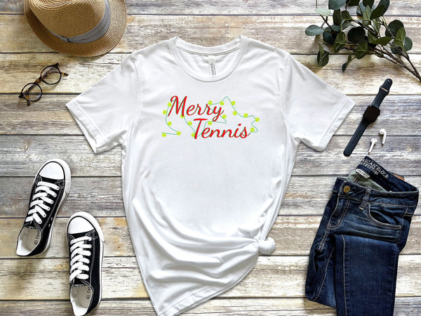 Merry Tennis T-Shirt with Holiday Lights (9 Color Options)