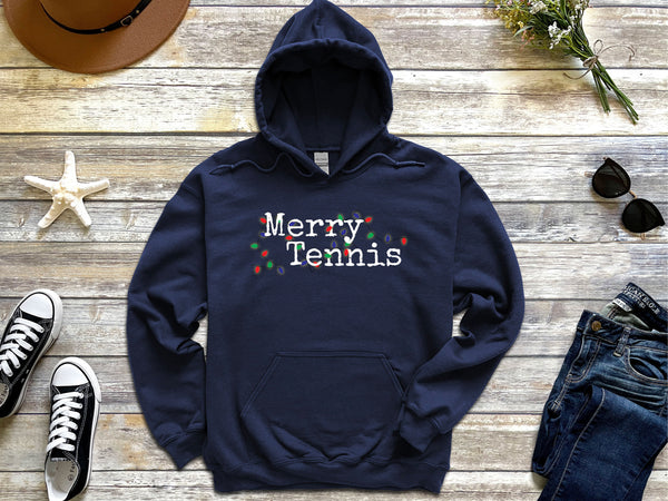 Merry Tennis Holiday Lights Hoodie Sweatshirt (8 Color Options)