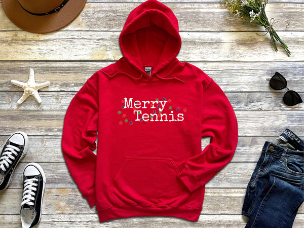 Merry Tennis Holiday Lights Hoodie Sweatshirt (8 Color Options)