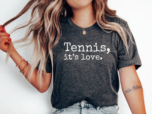 LOVE tennis racquet artwork with tennis court lines on a white t-shirt 
