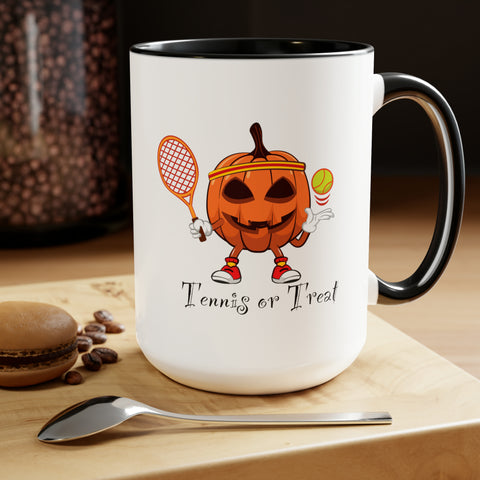 Tennis or Treat Halloween Pumpkin Two-Tone Accent Ceramic Mug 15oz (5 Color Options)