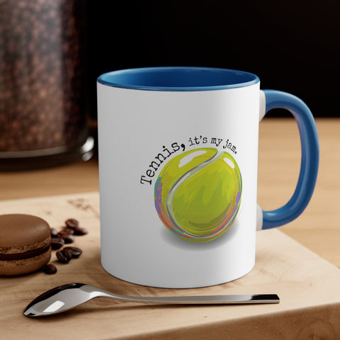 Tennis Ball with "Tennis, it's my jam." Two-Tone Accent Ceramic Mug (5 Color Options)