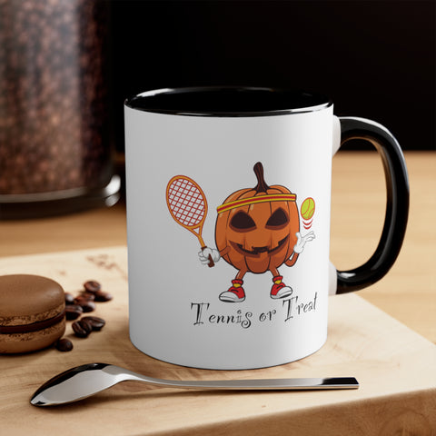 Tennis or Treat Pumpkin Jack-O-Lantern Halloween Two-Tone Accent Ceramic Mug 11oz (5 Color Options)