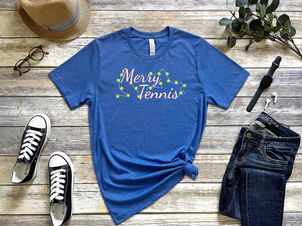 Merry Tennis T-Shirt with Holiday Lights (9 Color Options)
