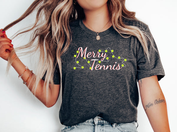 Merry Tennis T-Shirt with Holiday Lights (9 Color Options)
