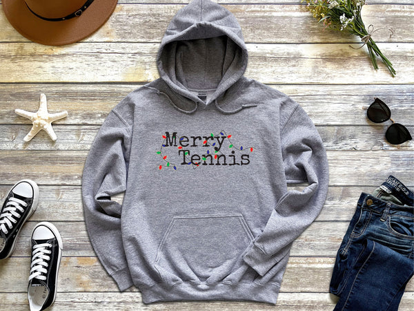 Merry Tennis Holiday Lights Hoodie Sweatshirt (8 Color Options)